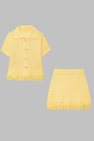 Fringe Hem Knit Set – Crochet Button-Up Top & Ribbed Mini Skirt