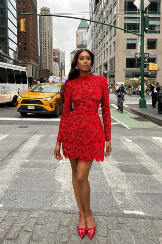 Red Lace Mini Dress – Long Sleeve Floral Embroidery, Scalloped Hem, Belted Waist