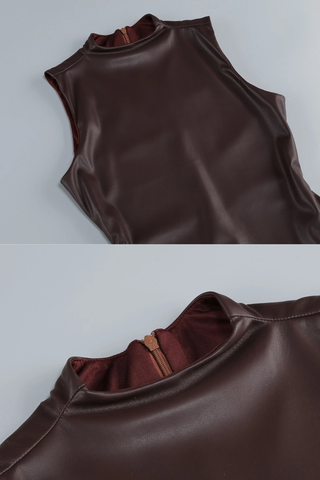 High Neck Faux Leather Mini Dress with Draped Asymmetric Skirt