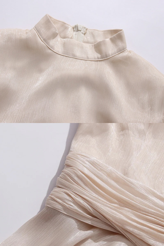 Draped Sheer Layered Dress with High Neck and Flared Cuffs