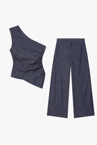Draped One-Shoulder Top with Wide-Leg Pants Set