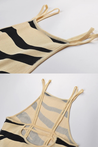 Sleeveless Zebra Print Knit Long Dress with Double Shoulder Straps
