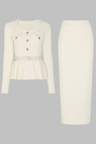 Textured Knitted Peplum Cardigan and High-Waist Skirt Set with Belt