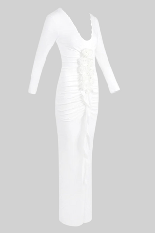 White Long-Sleeve Deep V-Neck Maxi Dress with 3D Floral Design