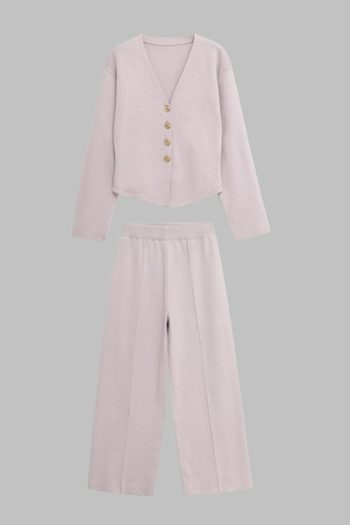 Ribbed Knit V-Neck Cardigan & Wide-Leg Pants Lounge Set – Soft Stretch Knit, Long Sleeves, Relaxed Fit