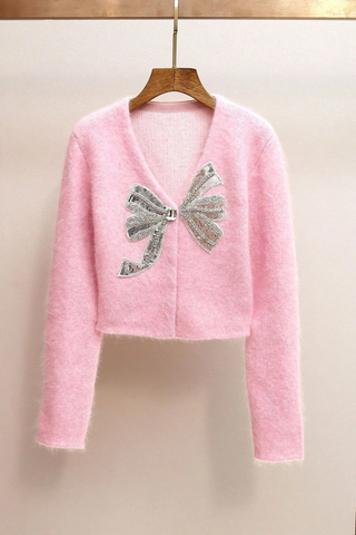 Pink Fuzzy Bow Embellished Knit Cardigan