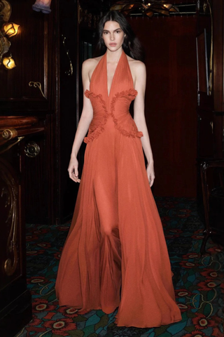 Halter Neck Ruffled Waist Chiffon Long Dress with Flowing Skirt