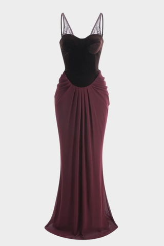 Sleeveless Velvet Corset Long Dress with Mesh Straps & Draped Chiffon Skirt