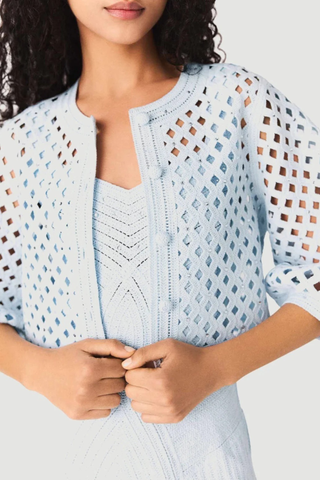 Embellished Open-Knit Cropped Cardigan with Elbow-Length Balloon Sleeves