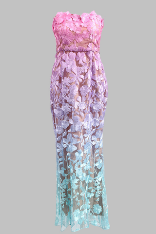 Ombre Floral Lace Strapless Long  Dress – Gradient Pink, Purple & Aqua Embroidery