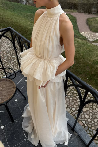 Halter Neck Sleeveless Long Dress with Layered Ruffle Waist and Flowing Skirt