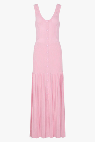 Sleeveless Ribbed Knit Long Dress with Pleated Hem
