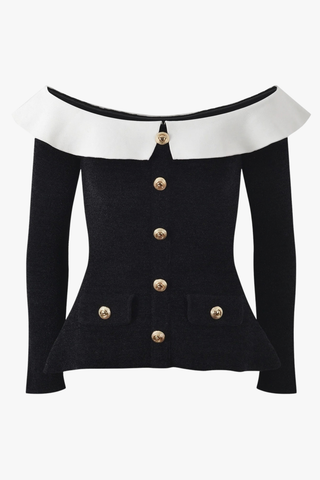 Ruffle Off-Shoulder Long-Sleeve Peplum Knit Top with Gold Button Detail