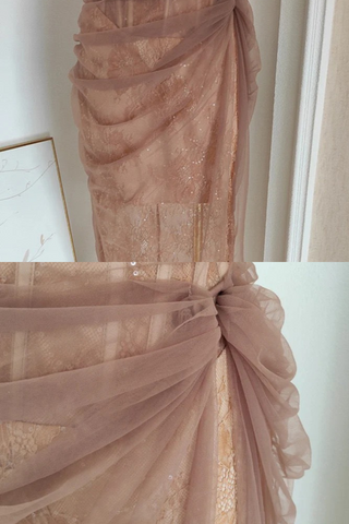 One-Shoulder Lace Long Dress with Tulle Draping