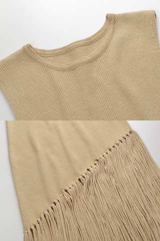 Golden Beige Knit Midi Dress with Asymmetrical Fringe Detail