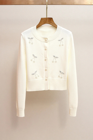 Embellished Cherry Knit Cardigan – Long Sleeve, Soft Stretch Knit