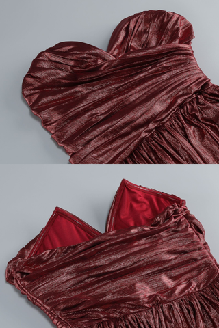 Strapless Metallic Pleated Long Dress with High Slit