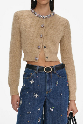 Short Knit Cardigan with Jewel-Embellished Round Neck and Buttons