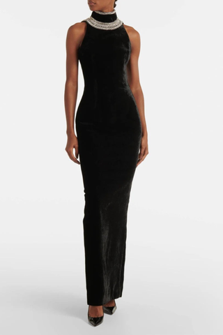 Velvet Sleeveless Long Dress with Rhinestone Embellished High Neck and Open Back