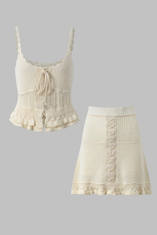 Ivory Crochet Knit Camisole & Lace-Up Skirt Set – Scalloped Straps, Ruffle Hem