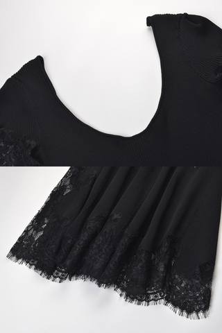 Ribbed Knit Scoop Neck Short Sleeve Long Dress with Lace Trim & Flared Hem