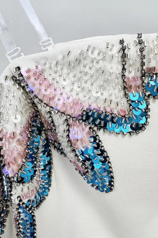 Off-Shoulder Long Sleeve Crepe Long Dress with Hand-Beaded Floral Embellishment