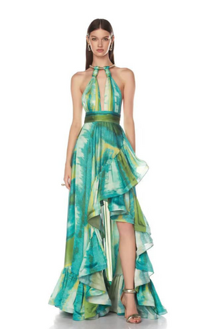 Emerald Ocean Breeze Plunge Halter  Long Dress with Cascading Ruffle Skirt