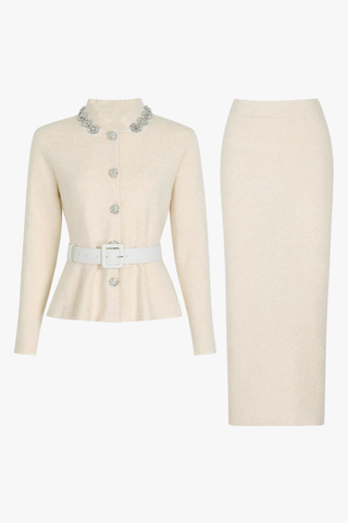 Embellished Collar Knit Top & Midi Skirt Set