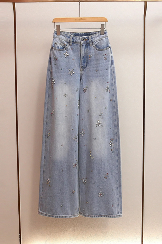 High-Waist Embellished Wide-Leg Denim Jeans with Crystal Floral Detailing