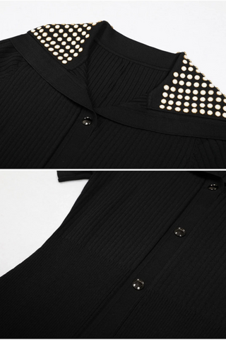 Short Sleeve Pearl Collar Ribbed Knit Midi Dress – Button Front