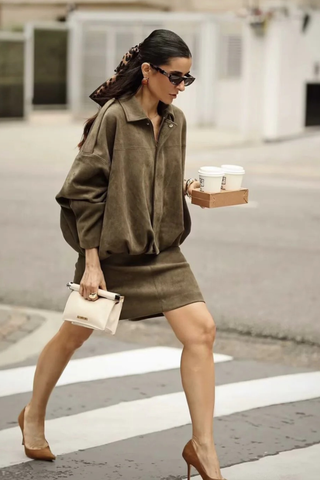 Oversized Faux Suede Jacket with Shoulder Flap Detail and Elastic Hem