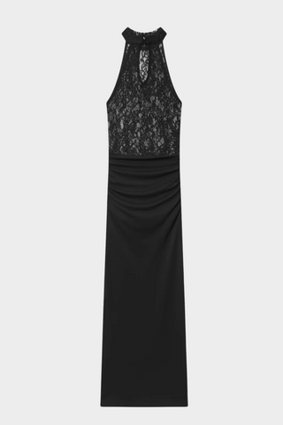 Lace Halter Sleeveless Long Dress with Ruched Waist