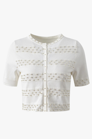 Pearl-Embellished Half Sleeve Knit Cardigan– Button Front, Soft Stretch & Cropped Fit