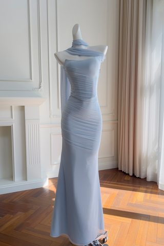 Light Blue Mesh Ruched  Set – Strapless Bustier Top & Fishtail Maxi Skirt with Sheer Scarf