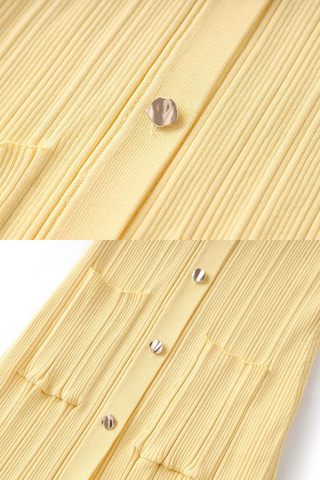 Long Sleeve Ribbed Knit Long Dress with Collar Button Front and Pocket Detail