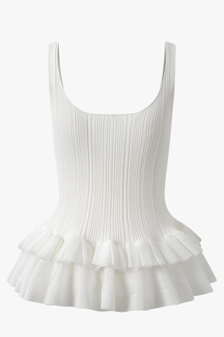 Sleeveless Ribbed Knit Peplum Tank Top with Double Ruffle Hem