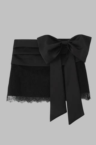 Black Lace Mini Skirt with Satin Bow and Pleated Waist