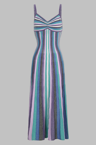 Multicolor Stripe Knit Mid-Long  Dress with Spaghetti Straps