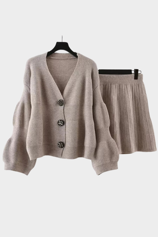 Ribbed Knit Cardigan & Pleated Skirt Set – Soft Cozy Two-Piece Outfit for Fall & Winter