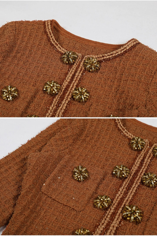 Embellished Tweed Long Sleeve Midi Dress with Jewel Buttons