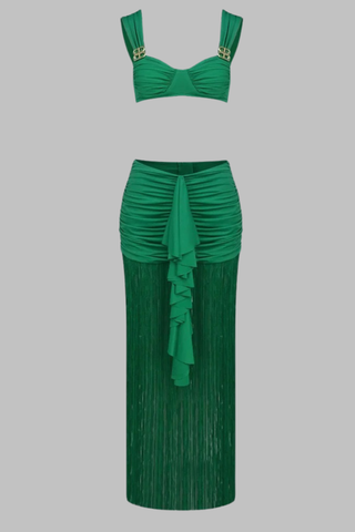 Two-Piece Ruched Crop Top and Fringed Maxi Skirt Set with Gold Buckle Detail
