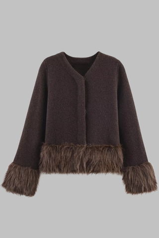 Brown Wool Long Sleeve Jacket with Faux Fur Cuffs and Hem