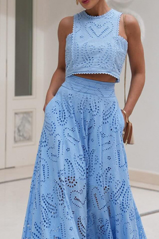 Sky Bloom Embroidered Eyelet Set  Round Neck Crop Top & High-Waist Maxi Skirt
