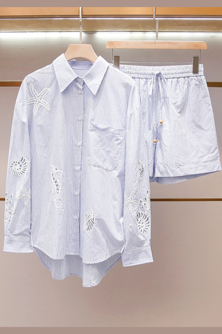 Coastal Embroidered Stripe Shirt & Shorts Set