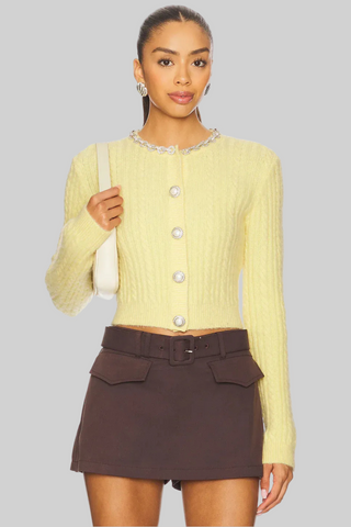 Butter Yellow Long Sleeve Cable Knit Cardigan with Crystal Collar and Pearl Buttons