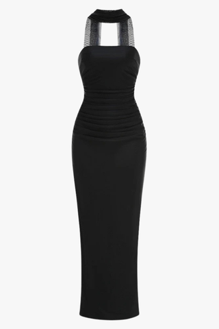 Strapless Ruched Slim Fit Long Dress with Mesh Scarf and Back Slit