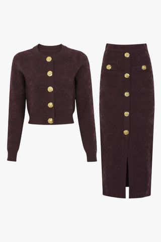 Textured Knit Button Cardigan & Midi Skirt Set