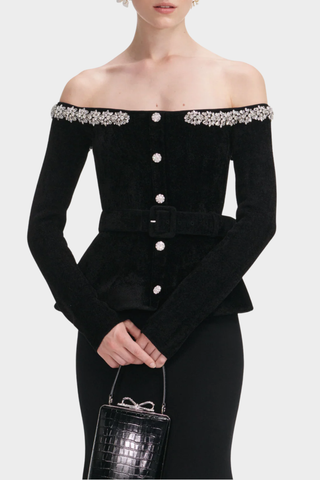 Embellished Off-Shoulder Knit Top with Belt – Elegant Winter Sweater