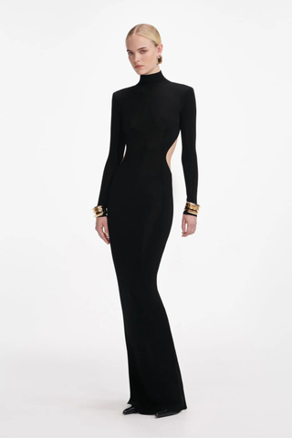 High-Neck Long Sleeve Backless Bodycon Long Dress