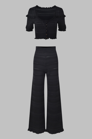 Black Textured Knit Ruffle Crop Top & High-Waist Wide-Leg Pants Set